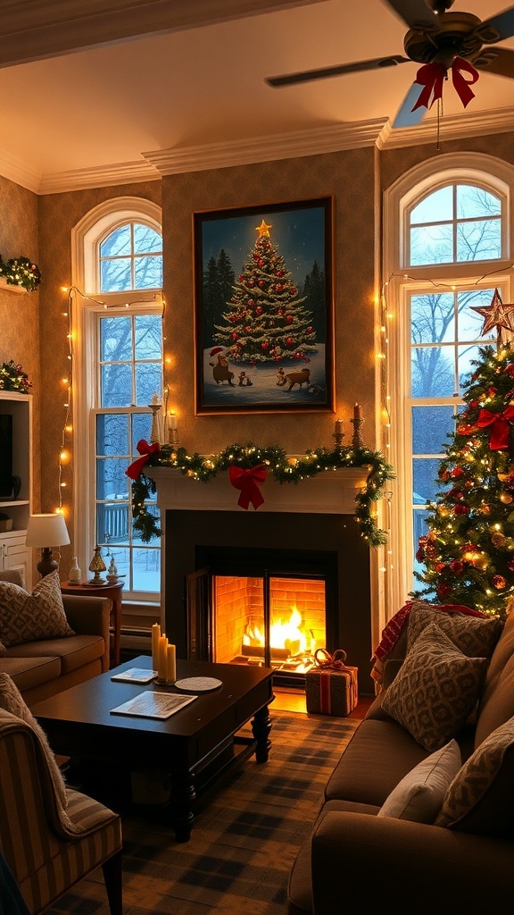 A cozy Christmas living room with string lights, a Christmas painting, and a decorated tree.